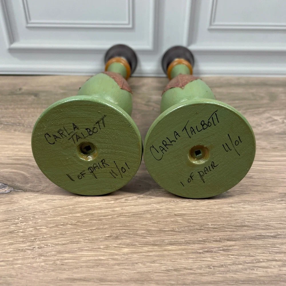 Wood Candlestick Holders Gold Leaf Green Brown Blue Artisan Handcrafted Set of 2